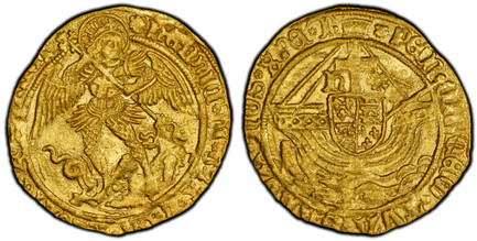 1085661 GREAT BRITAIN. England. Henry VII. (King, 1485-1509). (c.1493-1495) ND-(Escallop) AV Angel. PCGS AU58.  London. 5.08gm. HENRIC'. DI'. GRA. REX. ANGLIE. Z. FRANCI'. St. Michael, spearing dragon, crosslet ends to spear / PER. CRVCEM. TVA. SA...
