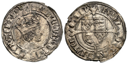 1086651 GREAT BRITAIN. England. Henry VII. (King, 1485-1509). (1505-09)-Pheon AR Groat. NGC AU50.  Tower Mint, London. 3.09gm. Crowned bust right / Coat-of-arms over long cross fourchée. SCBC-2258; North 1747; LH 77; SCBI Ashmolean 855.
Ex Littleb...