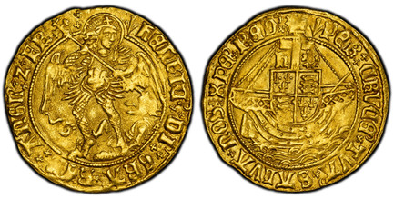 1087221 GREAT BRITAIN. England. Henry VII. (King, 1485-1509). (1505-1509)-(Pheon ) AV Angel. PCGS MS61.  London (Tower) mint. 5.01gm. ҺЄnRIC' : DI' : GRΛ' : RЄX : ΛGLIЄ' : Z : FRΛ'. Archangel Michael slaying dragon to lower right, spear topped by ...