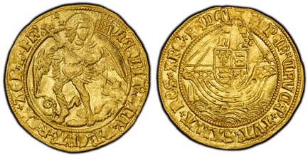 1085662 GREAT BRITAIN. England. Henry VIII. (King, 1509-47). (c.1513-26) ND-(Crowned portcullis with chains/portcullis) AV Angel. PCGS MS62.  London. 5.14gm. HENRIC?. VIII?. GRA'. REX. AGL'. Z. FR'. St. Michael spears a dragon / PER. CRVCE'. TVA'....