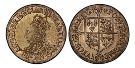 1087163 GREAT BRITAIN. England. Elizabeth I. (Queen, 1558-1603). (1560-66) ND-(star) AR Milled Shilling. PCGS AU55.  London mint. Crowned and mantled bust left, wearing ruffled collar / Long cross fleuree over square-topped shield of arms. SCBC-25...