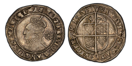 1087166 GREAT BRITAIN. England. Elizabeth I. (Queen, 1558-1603). 1574-(Eglantine) AR Sixpence. PCGS AU50.  London (Tower) mint. Crowned bust wearing ruff, left; rose in field behind head / Long cross over quartered square-topped shield of arms; da...