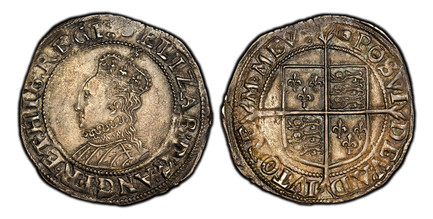 1087164 GREAT BRITAIN. England. Elizabeth I. (Queen, 1558-1603). (1592-95) ND-(Tun) AR Shilling. PCGS AU58.  Bust (6B), left, with ear showing / Long cross over quartered shield, within inner ring. SCBC-2577; North 2014 (Sixth issue).

Please use ...