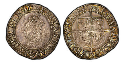 1087165 GREAT BRITAIN. England. Elizabeth I. (Queen, 1558-1603). (1595-98)-(key) AR Shilling. PCGS AU55.  London (Tower) mint. Bust left with ear showing / Floriated long cross over quartered shield or arms. SCBC-2577; North 2014.

The finest know...