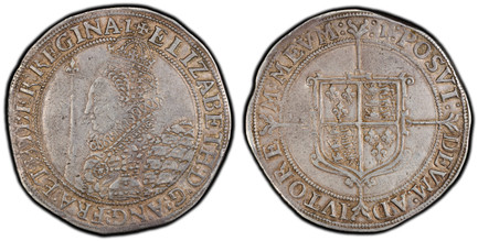 1087162 GREAT BRITAIN. England. Elizabeth I. (Queen, 1558-1603). (1601-02)-(1) AR Crown. PCGS AU50.  Crowned bust, left / Arms on long cross. KM 7; SCBC-2582; North 2012; Dav.-3757.

Please use this link to verify the PCGS certification number <a ...