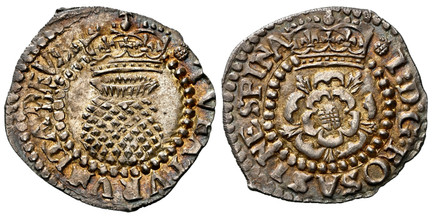 1087267 GREAT BRITAIN. England. James I. (1621-23) AR 2 Pence, 1/2 Groat. NGC MS66✭.  0.83gm. Crowned rose in inner circle / Crowned thistle in inner circle. SCBC-2671.

Currently the finest known at NGC as of April 2026. Given the star designatio...