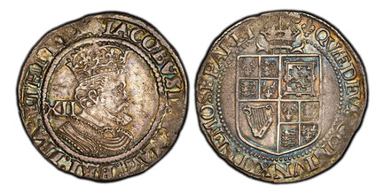 1087167 GREAT BRITAIN. England. James I. (King, 1603-25). (1623-24) ND-(Lis) AR Shilling. PCGS AU58.  London (Tower) Mint. Crowned bust, right; denomination XII in left field behind head / Crowned large square-topped shield of arms. SCBC-2669; Nor...