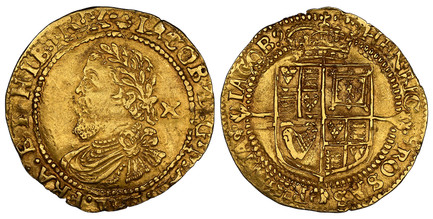 1087266 GREAT BRITAIN. England. James I. (King, 1603-25). (1603-25)-(Lis) AV Half-Laurel. NGC AU55.  Tower mint. 4.44gm. Laureate armored fourth bust left; value behind head, "X" / Long cross fleury over quartered and crowned shield of arms . cf. ...