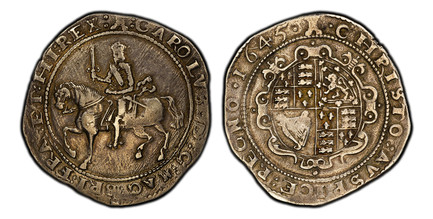 1087168 GREAT BRITAIN. England. Charles I. 1645-(Castle) AR Crown. PCGS XF40.  Exeter. King's sash has loose ends instead of bow / Ornate oval shield of quartered arms. KM 334.4; SCBC-3062; North 2561.

Please use this link to verify the PCGS cert...
