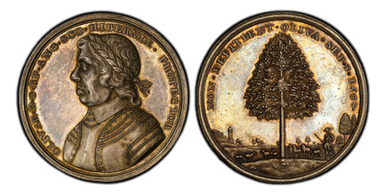 1086158 GREAT BRITAIN. Oliver Cromwell. (Lord Protector of the Commonwealth of England, Scotland, and Ireland, 1653-1658). 1658 AR Medal. PCGS MS62.  48mm. 45.01gm. OLIVAR • D • G • RP • ANG • SCO • HIBERNIAE • PROTEECTOR. Laureate and armored bus...