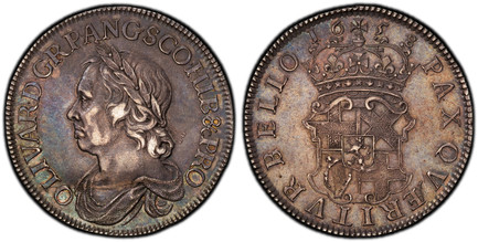 1087357 GREAT BRITAIN. England. Oliver Cromwell. (Lord Protector of the Commonwealth of England, Scotland, and Ireland, 1653-1658). 1658/7 AR Crown. PCGS AU55.  By Thomas Simon (dies). Blondeau's mint, Drury House, London. 38.61mm. OLIVAR · D · G ...