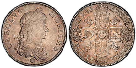 1086722 GREAT BRITAIN. England. Charles II. 1662 AR Crown. PCGS XF45.  Edge: Without date. First bust of Charles II right, rose below / Crowned cruciform arms, interlinked CC monograms in angles. KM 417.1; SCBC-3350; ESC-340 (Prev. ESC-15A).

Plea...