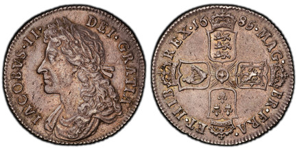 1086135 GREAT BRITAIN. England. James II. (King, 1685-88). 1685 AR Shilling. PCGS AU58.  26.1mm. 5.92gm. Laureate bust of James II, left / Cruciform of crowned shields of arms; date divided in legend above. KM 451.1; SCBC-3410; ESC-1068.

Please u...