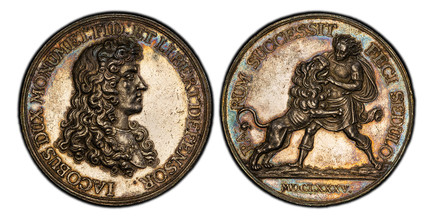 1087172 GREAT BRITAIN. England. James II. (King, 1685-88). 1685 AR Medal. PCGS MS61.  By J. Smeltzing. 49mm. Armored bust, right / Roman soldier at left wrestling lion pouncing right; date in Roman numerals in exergue. Eimer 277; MI-613/22.

Comme...