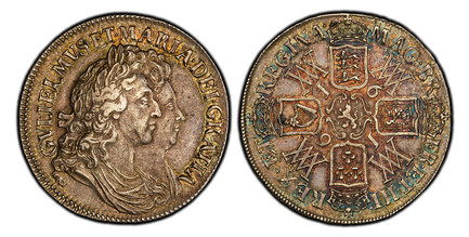 1085985 GREAT BRITAIN. England. William and Mary. (Monarchs, 1689-1694). 1691 AR Crown. PCGS AU53.  Edge: + DECVS • ET •  TVTAMEN • ANNO • REGNI • TERTIO •. 39.8mm. 29.88gm. I/E in legend. Conjoined busts of William and Mary right / Cruciform shie...