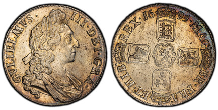 1082925 GREAT BRITAIN. England. William III. 1695 AR Crown. PCGS MS62.  Edge: OCTAVO. First bust of William III right / First harp in left shield. KM 486; SCBC-3470; ESC-990 (Prev. ESC-86); Dav.-3781.

Please use this link to verify the PCGS certi...