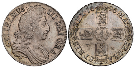 1086322 GREAT BRITAIN. England. William III. (King, 1694-1702). 1696 AR Crown. NGC MS64.  Edge: OCTAVO. Third bust (straight breastplate on chest) of William III right / First harp in left shield. KM 494.1; SCBC-3472 (plate coin); ESC 1004 (Prev. ...