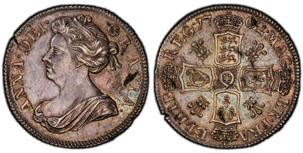 1086138 GREAT BRITAIN. England. Anne. (Queen, 1702-1714). 1702 AR Shilling. PCGS MS62.  25.2mm. 5.98gm. Bust left / Plumes in angles. KM 509.2; SCBC-3584; ESC-1129 .
Ex CNG, Seaby (30 September 1993) Lot 240. Includes original collector's ticket.
...