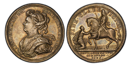 1087173 GREAT BRITAIN. England. Anne. 1703 AR Medal. PCGS AU58.  By J. Croker. ANNA · D : G : MAG : BR : FRA : ET · HB : REGINA ·. Diademed, draped, and mantled bust left, wearing necklace / SINE · CLADE VICTOR. The Duke of Marlborough on horsebac...