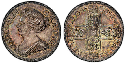1086139 GREAT BRITAIN. Anne. (Queen, 1702-1714). 1708 AR Shilling. PCGS MS63.  25mm. 6.00gm. ANNA · DEI · - GRATIA ·. Third bust left / MAG - BR · FRA - ET · HIB - REG ·. Crowned shield in cruciform. KM 523.1; SCBC-3610; ESC 1147.
Ex Buckland Dix ...