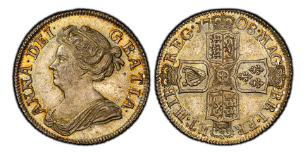 1086845 GREAT BRITAIN. Anne. (Queen, 1702-1714). 1708 AR Shilling. PCGS MS64.  ANNA · DEI · - GRATIA ·. Third bust left / MAG - BR · FRA - ET · HIB - REG ·. Crowned shield in cruciform. KM 523.1; SCBC-3610; ESC-1399 (Prev. ESC-1147).

Please use t...