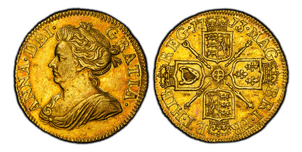1085413 GREAT BRITAIN. Anne. (Queen, 1702-1714). 1713/1 AV Half-Guinea. PCGS AU58.  4.13gm. ANNA · DEI · - GRATIA ·. Third draped bust, left / MAG - BRI · FR - ET · HIB - REG ·. English and Scottish shields halved. KM 527; SCBC-3575; ESG-493; Fr.-...