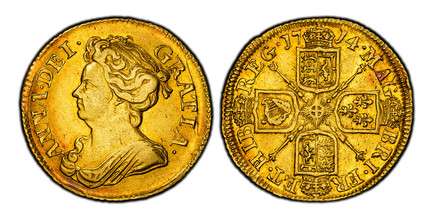 1086101 GREAT BRITAIN. Anne. (Queen, 1702-1714). 1714 AV Guinea. PCGS AU55.  London. 8.3gm. ANNA · DEI · - GRATIA ·. Third bust left / MAG - BRI · FR - ET · HIB - REG ·. Crowned shields in cruciform, sceptres at angles. KM 534; SCBC-3574; EGC-479;...