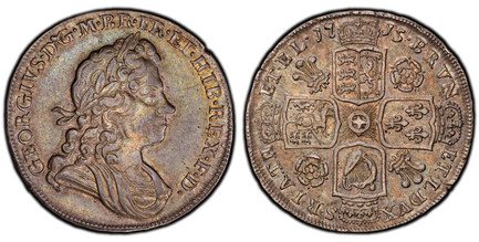 1086140 GREAT BRITAIN. George I. (Queen, 1714-1727). 1715 AR Halfcrown. PCGS AU50.  15.13gm. GEORGIVS · D · G · M · BR · FR · ET · HIB · REX · F · D ·. Laureate bust right / BRVN - ET · L · DVX - S · R · ... Crowned shields in cruciform, roses and...