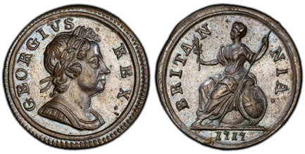 1086688 GREAT BRITAIN. George I. 1717 CU Farthing. PCGS MS63BN (Brown).  GEORGIVS - · - REX ·. Laureate bust right / BRITA - N - NIA ·. Brittania seated left. KM 548; SCBC-3661.

Dump issue, small planchet.

Please use this link to verify the PCGS...
