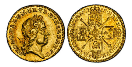 1086851 GREAT BRITAIN. George I. (King, 1714-1727). 1718 AV Quarter-Guinea. PCGS MS63.  GEORGIVS  · D · G · M · BR · FR · ET · HIB · REX · F · D ·. Laureate head right / Crowned shields in cruciform, scepters at angles. KM 555; SCBC-3638.

Please ...
