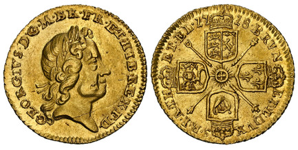 1087231 GREAT BRITAIN. George I. (King, 1714-1727). 1718 AV Quarter-Guinea. NGC MS64.  GEORGIVS  · D · G · M · BR · FR · ET · HIB · REX · F · D ·. Laureate head right / Crowned shields in cruciform, scepters at angles. KM 555; SCBC-3638.

Please u...