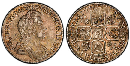 1086144 GREAT BRITAIN. George I. 1724 AR Shilling. PCGS AU53.  26mm. 6.00gm. Second laureate bust right / Roses and plumes in opposed angles of cruciform arms. KM 558.2; SCBC-3649; ESC-1181.

Please use this link to verify the PCGS certification n...
