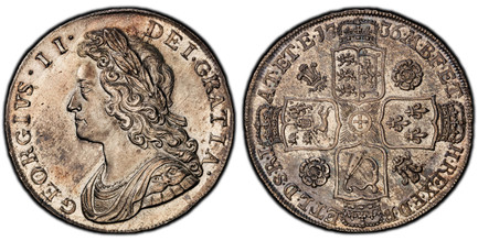 1086249 GREAT BRITAIN. George II. 1736 AR Halfcrown. PCGS MS63.  GEORGIVS · II · - DEI · GRATIA ·. Laureate bust left / F · D · B · - ET · L · D · S · R · I · - A · T · ET · E · - M · B · F · ET · - H · REX ·. Roses and plumes in angles. KM 574.1;...