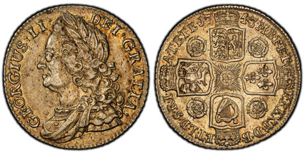 1086146 GREAT BRITAIN. George II. (King, 1727-1760). 1743 AR Shilling. PCGS AU58.  25.8mm. 6gm. GEORGIVS · II ·  DEI · GRATIA ·. Older laureate head left / F · D · B · - ET · L · D · S · R · I · - A · T · ET · E · - M · B · F · ET · - H · REX ·. C...