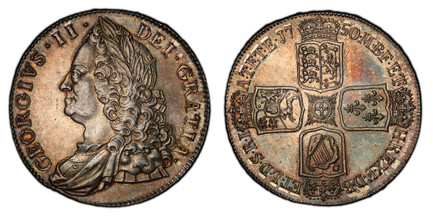 1085987 GREAT BRITAIN. George II. (King, 1727-1760). 1750 AR Crown. PCGS MS61.  38.6mm. 30.06gm. GEORGIVS · II · - DEI · GRATIA ·. Laureate bust left / F · D · B · - ET · L · D · S · R · I · - A · T · ET · E · - M · B · F · ET - H · REX ·. Without...