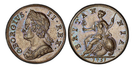 1084521 GREAT BRITAIN. George II. (King, 1727-1760). 1751 CU Halfpenny. PCGS MS63BN (Brown).  GEORGIVS · - II · REX ·. Laureate bust left / BRITAN - NIA ·. Brittania seated left. KM 579.2; SCBC-3719 (GEORGIVS).

Please use this link to verify the ...