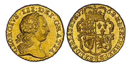 1087174 GREAT BRITAIN. George III. (King, 1760-1820). 1762 AV Quarter-Guinea. PCGS AU55.  GEORGIVS III DEI GRATIA. Laureate head right / Crowned 4-fold arms. KM 592; SCBC-3741; Fr.-368.

Please use this link to verify the PCGS certification number...