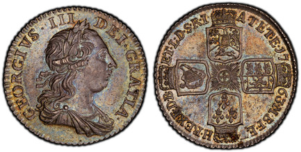 1086148 GREAT BRITAIN. George III. (King, 1760-1820). 1763 AR Shilling. PCGS MS63.  26.2mm. 6.02gm. GEORGIVS · III · - DEI · GRATIA ·. Laureate bust right / F · D · B · - ET · L · D · S · R · I · - A · T · ET · E · - M · B · F · ET · - H · REX ·. ...