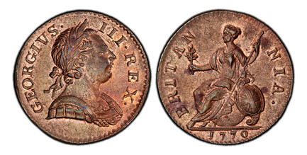 1086723 GREAT BRITAIN. George III. (King, 1760-1820). 1770 CU Halfpenny. PCGS MS62BN (Brown).  GEORGIVS · - III · REX ·. Laureate bust right / BRITAN - NIA ·. Brittania seated left. KM 601; SCBC-3774; Peck 893.

Please use this link to verify the ...
