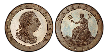 1087176 GREAT BRITAIN. George III. (King, 1760-1820). 1797-SOHO Bronzed CU Twopence. PCGS PR65.  Soho mint, Birmingham. GEORGIUS III · D : G · REX ·. Laureate head right / BRITANNIA ·. Britannia seated left. KM 619; SCBC-3776.

Please use this lin...