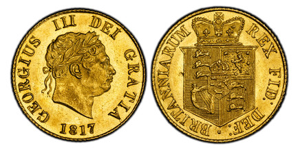 1086855 GREAT BRITAIN. George III. (King, 1760-1820). 1817 AV Half-Sovereign. PCGS MS64+.  GEORGIUS III DEI GRATIA. Laureate head right / BRITANNIARUM REX FID: DEF:. Crowned arms. KM 673; SCBC-3786; Friedberg 372.

Please use this link to verify t...