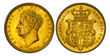 1086861 GREAT BRITAIN. George IV. (King, 1820-1830). 1825 AV Sovereign. PCGS MS63.  GEORGIUS IV DEI GRATIA. Bare head, left / BRITANNIARUM REX FID: DEF:. Crowned arms within cartouche. KM 696; SCBC-3801; Friedberg 377.

Please use this link to ver...