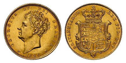 1086862 GREAT BRITAIN. George IV. (King, 1820-1830). 1826 AV Sovereign. NGC MS62.  GEORGIUS IV DEI GRATIA. Head left / BRITANNIARUM REX FID: DEF:. Crowned arms within cartouche. KM 696; SCBC-3801; Friedberg 377.

Please use this link to verify the...