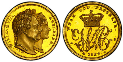 1081170 GREAT BRITAIN. William IV & Queen Adelaide. (King, 1830-1837). 1832 AV Medal. PCGS SP65.  By J. B. Merlen. 1.32gm. WILLIAM IIII - ADELIDE. Laureate and conjoined busts, right; signed below truncation / WHOM GOD PRESERVE. Crowned WA monogra...