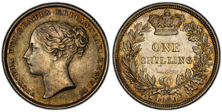 1086153 GREAT BRITAIN. Victoria. (Queen, 1837-1901). 1839 AR Shilling. PCGS MS63.  23.7mm. 5.65gm. VICTORIA DEI GRATIA BRITANNIAR: REG: F: D:. Second bust, left / Crown above denomination within wreath. KM 734.1; SCBC-3904; ESC 1283.

Without WW.
...