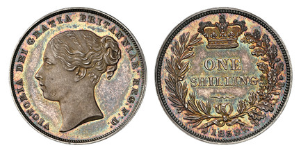 1086846 GREAT BRITAIN. Victoria. (Queen, 1837-1901). 1839 AR Shilling. NGC PR64 Cameo.  Edge: Plain. VICTORIA DEI GRATIA BRITANNIAR: REG: F: D:. Second young head; without W.W. on truncation / Crown above denomination within wreath. KM 734.1. Proo...