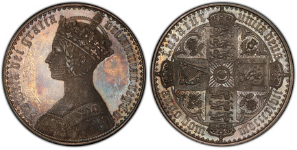 1087825 GREAT BRITAIN. Victoria. (Queen, 1837-1901). 1847 AR (Pure Silver, .999 Fine) Gothic Crown. PCGS PR64.  Royal mint. Edge: Plain. VICTORIA DEI GRATIA BRITANNIAR. REG: F:D. Crowned bust left / TUEATUR UNITA DEUS, ANNO DOM MDCCCXLVII. Crowned...