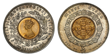 1086812 GREAT BRITAIN. Victoria. (Queen, 1837-1901). MDCCCXLVIII (1848) Bi-Metallic (Silvered Copper with inset gilt center) New Model Crown "Toy Money". NGC MS67.  By Allen & Moore & Published by H. Hyams. Edge: Plain. Victoria Queen of Great Bri...