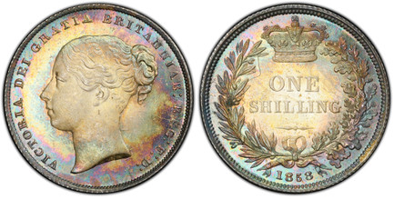 1087369 GREAT BRITAIN. Victoria. (Queen, 1837-1901). 1858 AR Shilling. PCGS MS65.  VICTORIA DEI GRATIA BRITANNIAR: REG: F: D:. High relief portrait / Crown above denomination within wreath; date below. KM 734.1; SCBC-3904; ESC-3012, Davies 874 die...