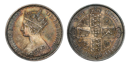 1086817 GREAT BRITAIN. Victoria. (Queen, 1837-1901). 1859 AR Gothic Florin, Two Shillings. NGC MS64.  BRIT... Without die number / Crowned shields of England, Scotland and Ireland in cross formation with flowers at corners. KM 746.1; SCBC-3891; ES...